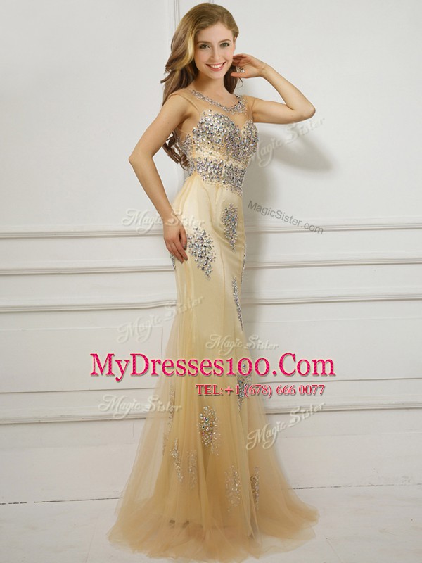 Excellent Mermaid With Train Gold Prom Party Dress Scoop Cap Sleeves Brush Train Backless