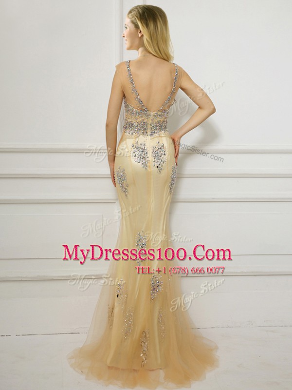 Excellent Mermaid With Train Gold Prom Party Dress Scoop Cap Sleeves Brush Train Backless