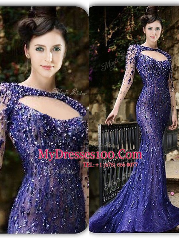 Delicate Mermaid With Train Purple Prom Party Dress Tulle Brush Train Long Sleeves Beading