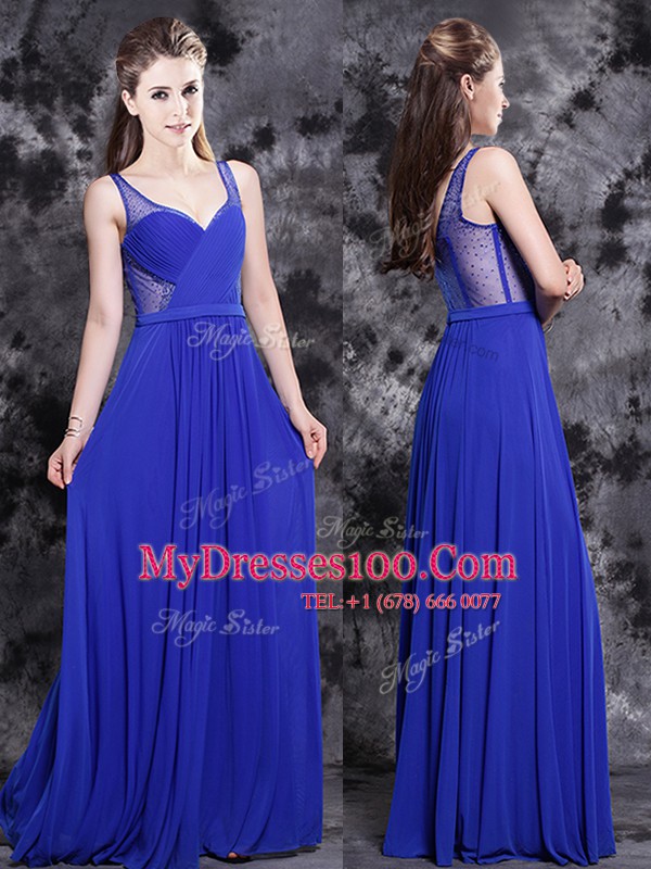Empire Prom Dress Royal Blue V-neck Chiffon Sleeveless Floor Length Side Zipper
