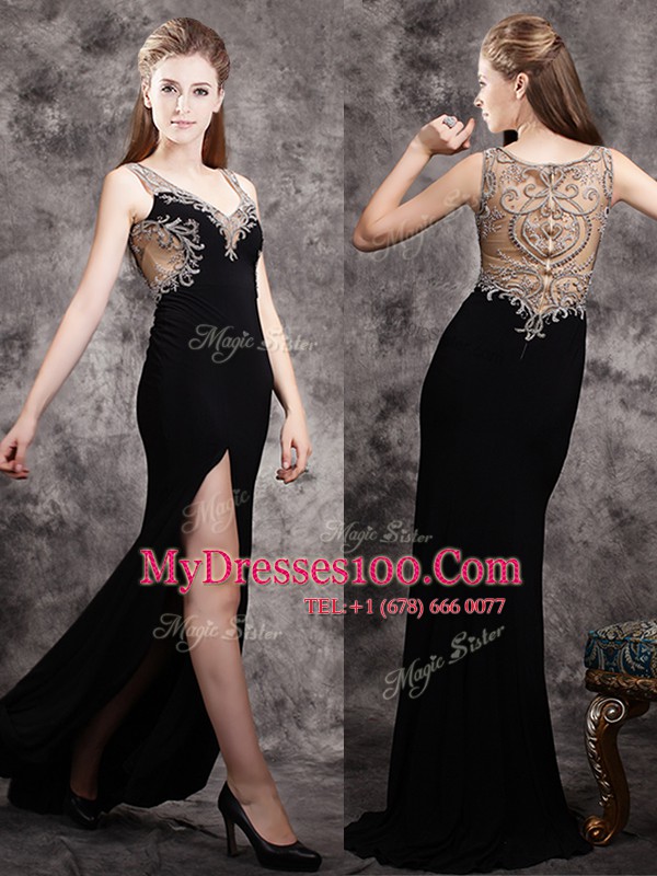 Simple Black Column/Sheath Appliques Homecoming Dress Zipper Chiffon Sleeveless With Train