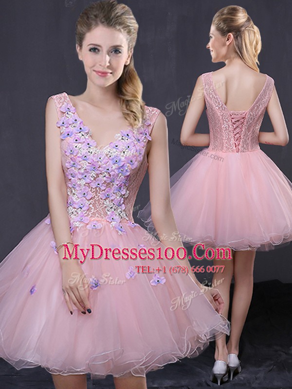 Pink Lace Up Custom Made Hand Made Flower Sleeveless Mini Length