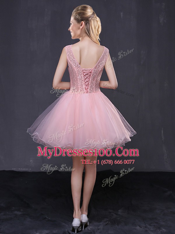 Pink Lace Up Custom Made Hand Made Flower Sleeveless Mini Length