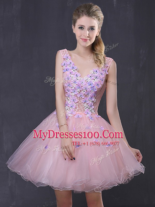 Pink Lace Up Custom Made Hand Made Flower Sleeveless Mini Length