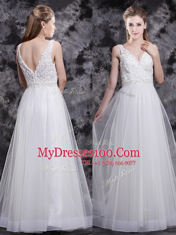 Adorable White V-neck Zipper Beading and Appliques Prom Party Dress Sleeveless