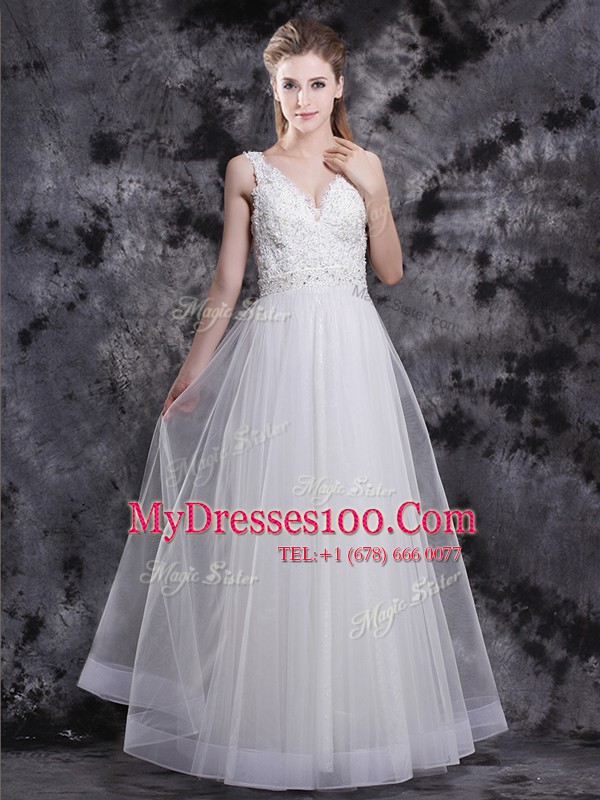 Adorable White V-neck Zipper Beading and Appliques Prom Party Dress Sleeveless