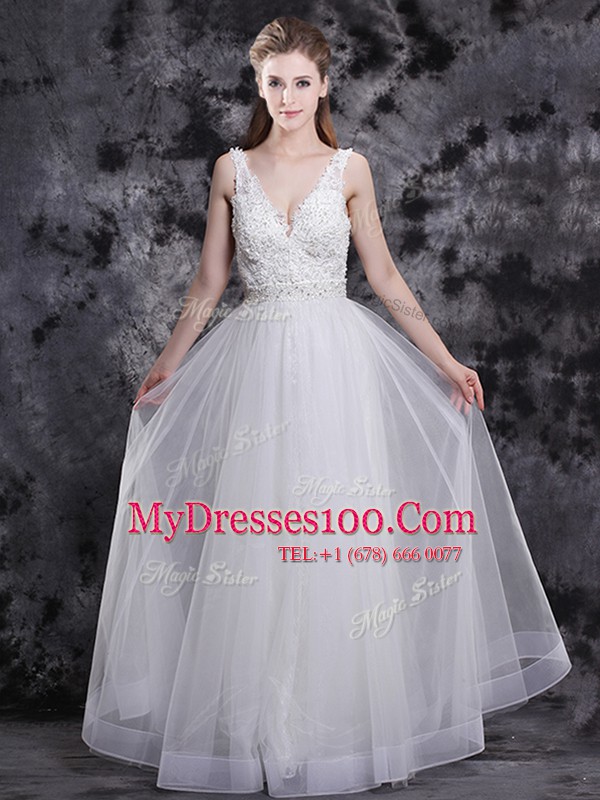 Adorable White V-neck Zipper Beading and Appliques Prom Party Dress Sleeveless