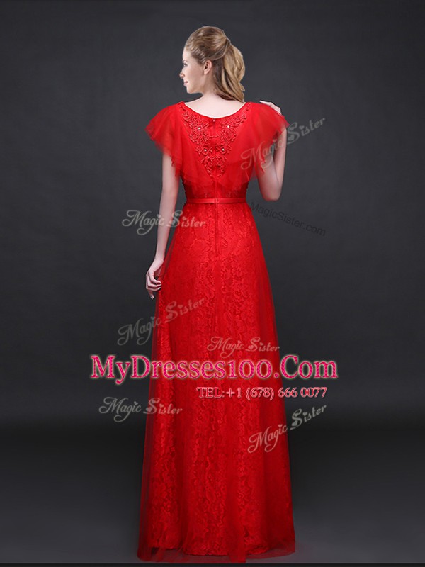 Wonderful Short Sleeves Tulle and Lace Floor Length Zipper Evening Outfits in Red with Appliques and Belt