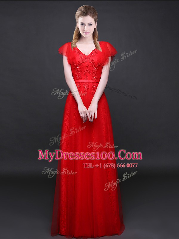 Wonderful Short Sleeves Tulle and Lace Floor Length Zipper Evening Outfits in Red with Appliques and Belt
