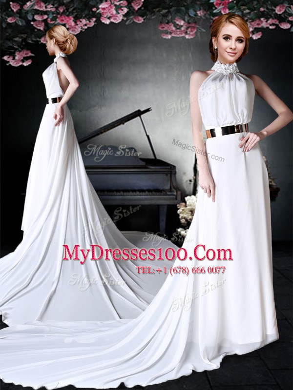 Exquisite White Empire Chiffon Halter Top Sleeveless Appliques and Belt With Train Backless Prom Evening Gown Court Train