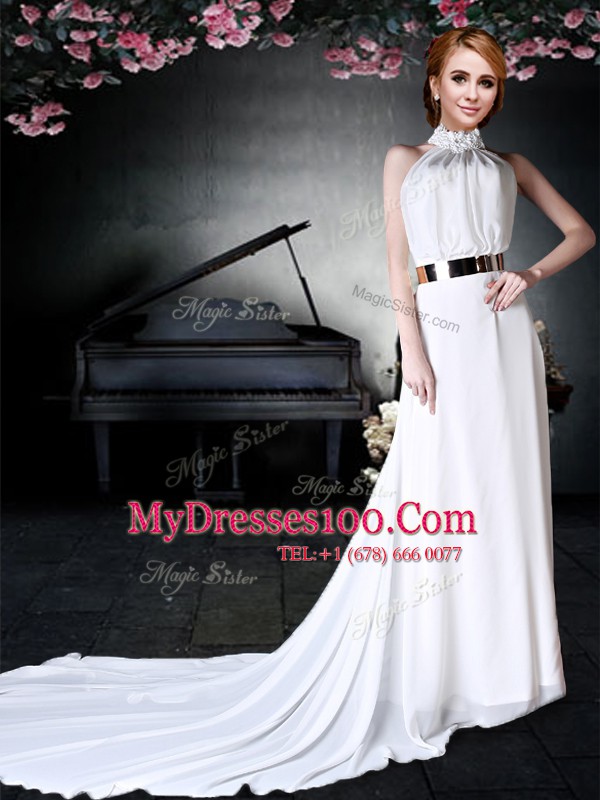 Exquisite White Empire Chiffon Halter Top Sleeveless Appliques and Belt With Train Backless Prom Evening Gown Court Train