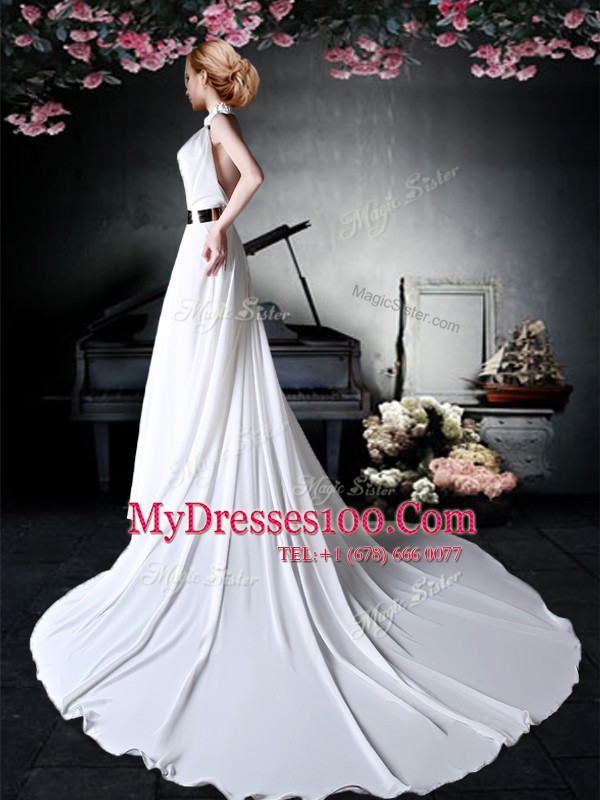 Exquisite White Empire Chiffon Halter Top Sleeveless Appliques and Belt With Train Backless Prom Evening Gown Court Train