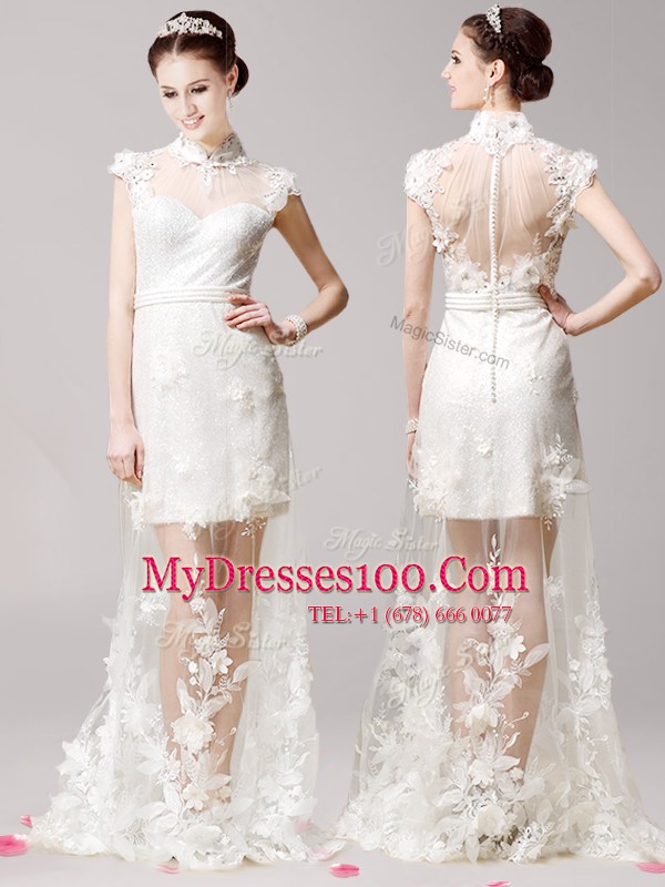 Luxury Clasp Handle White Cap Sleeves Brush Train Lace and Appliques With Train Evening Dress