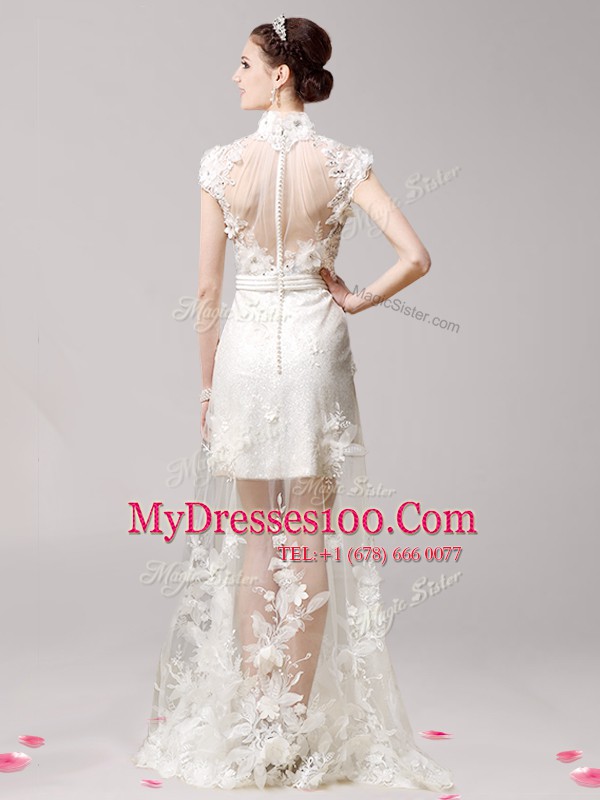 Luxury Clasp Handle White Cap Sleeves Brush Train Lace and Appliques With Train Evening Dress