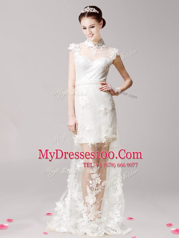 Luxury Clasp Handle White Cap Sleeves Brush Train Lace and Appliques With Train Evening Dress