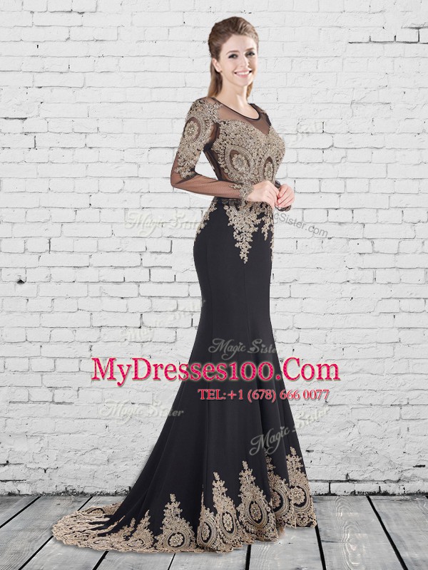 Luxurious Mermaid With Train Black Prom Gown Scoop Long Sleeves Brush Train Lace Up