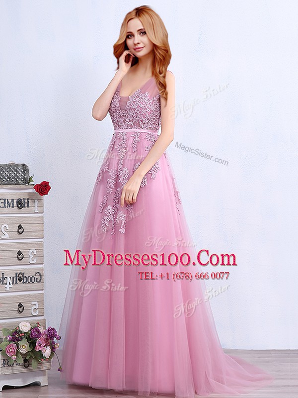 Adorable Pink Sleeveless Tulle Brush Train Backless Prom Party Dress for Prom