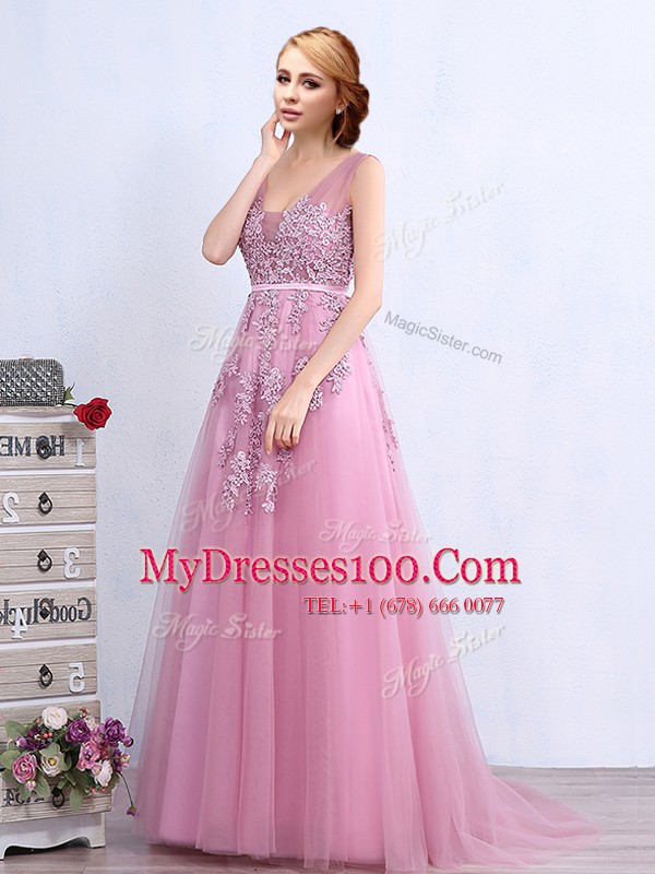Adorable Pink Sleeveless Tulle Brush Train Backless Prom Party Dress for Prom