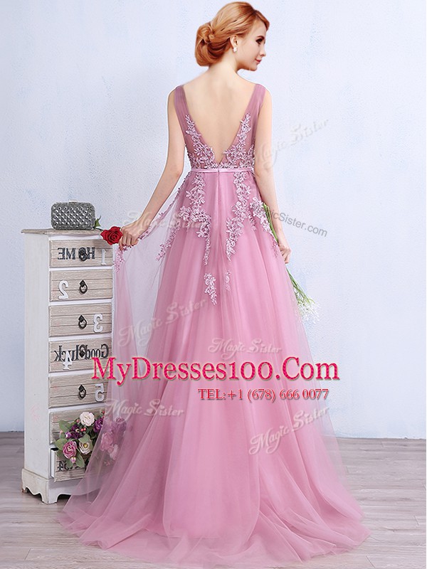 Adorable Pink Sleeveless Tulle Brush Train Backless Prom Party Dress for Prom