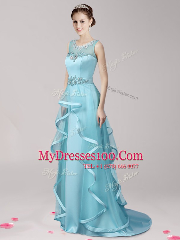 Nice Scoop Aqua Blue Zipper Homecoming Dress Appliques and Ruffles Sleeveless With Brush Train