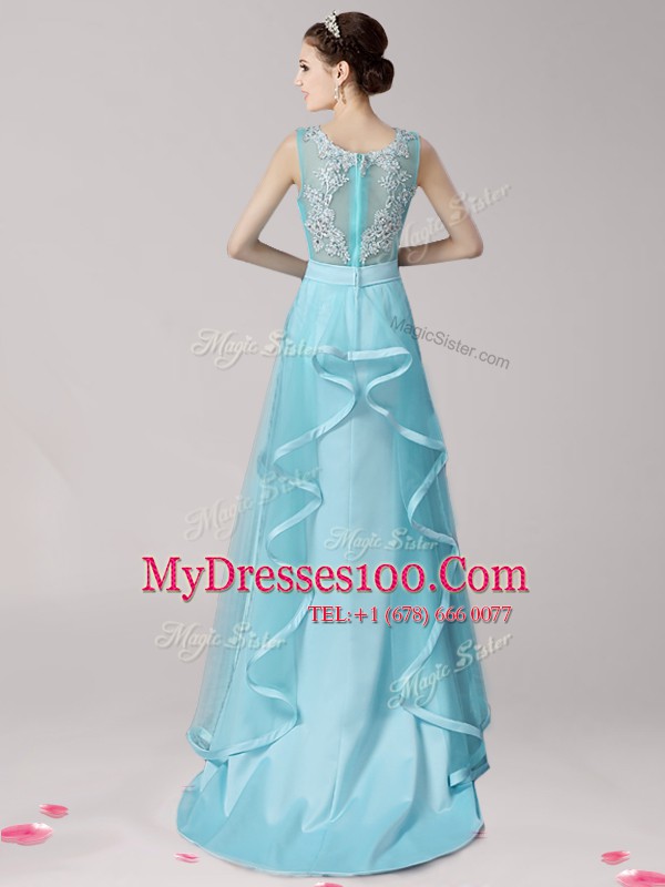 Nice Scoop Aqua Blue Zipper Homecoming Dress Appliques and Ruffles Sleeveless With Brush Train