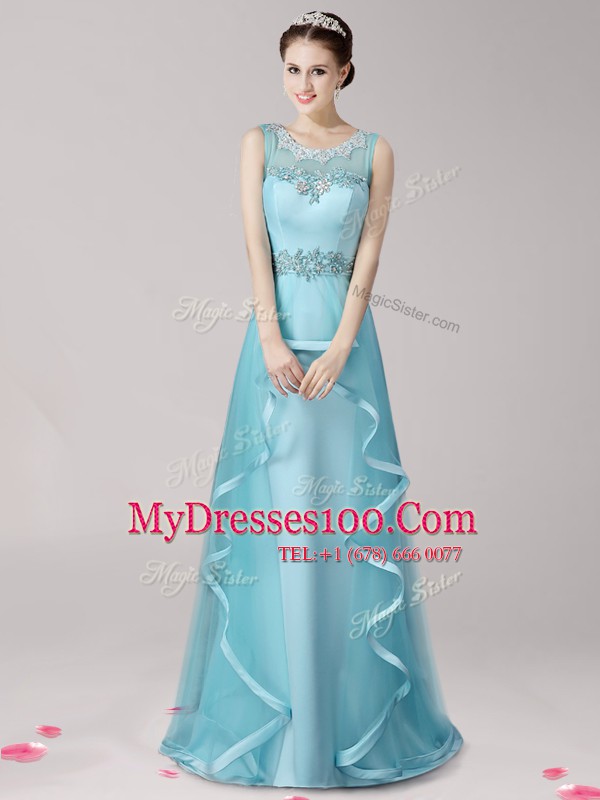 Nice Scoop Aqua Blue Zipper Homecoming Dress Appliques and Ruffles Sleeveless With Brush Train