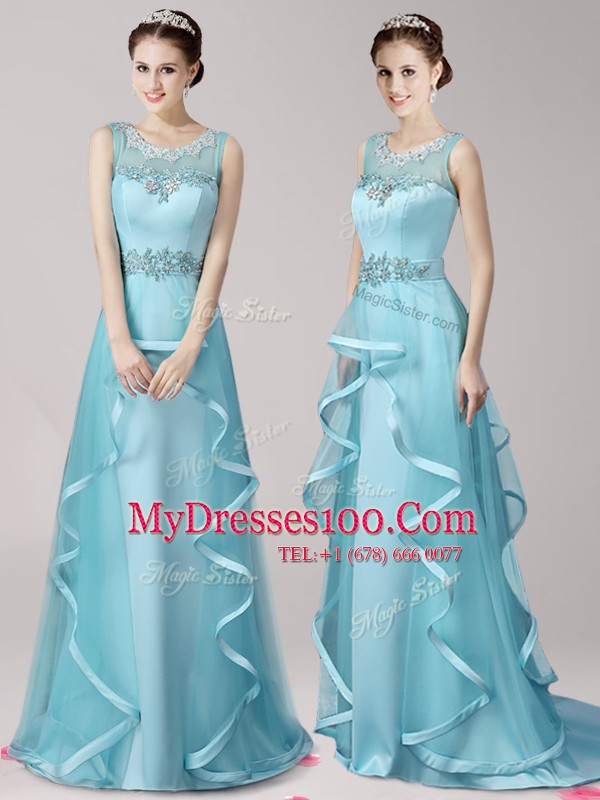 Nice Scoop Aqua Blue Zipper Homecoming Dress Appliques and Ruffles Sleeveless With Brush Train