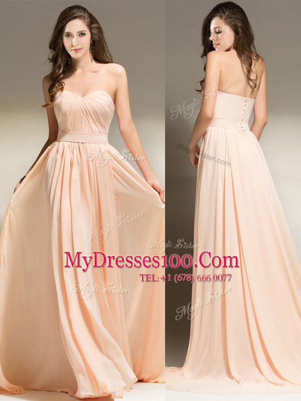 Artistic Peach Chiffon Clasp Handle Formal Evening Gowns Sleeveless With Brush Train Belt