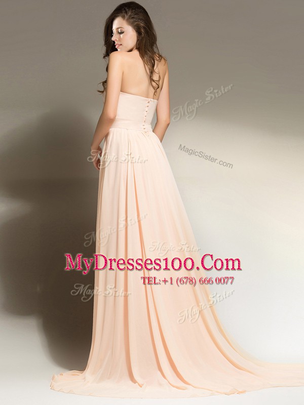 Artistic Peach Chiffon Clasp Handle Formal Evening Gowns Sleeveless With Brush Train Belt
