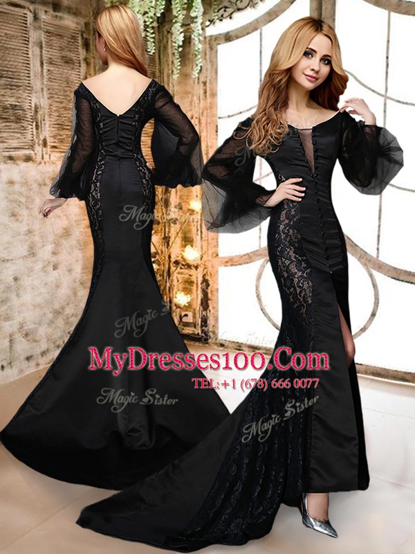 Modest Mermaid Long Sleeves With Train Lace Zipper Prom Party Dress with Black Brush Train