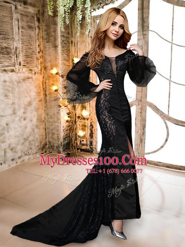 Modest Mermaid Long Sleeves With Train Lace Zipper Prom Party Dress with Black Brush Train