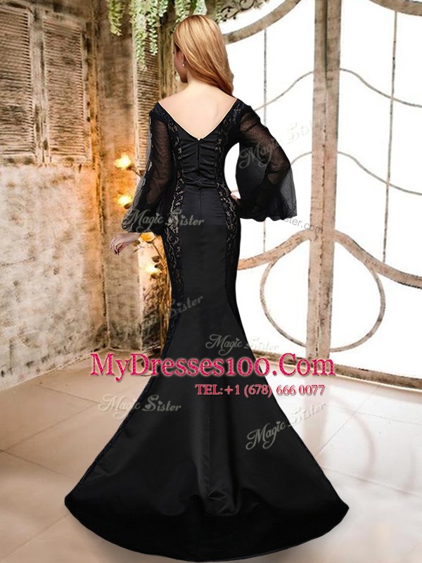 Modest Mermaid Long Sleeves With Train Lace Zipper Prom Party Dress with Black Brush Train