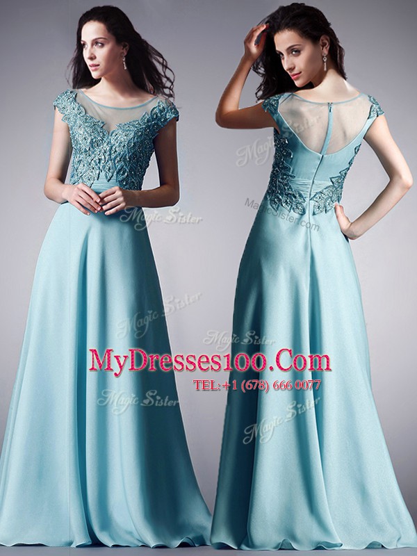 Lovely Light Blue Chiffon Zipper Scoop Cap Sleeves Floor Length Prom Evening Gown Appliques