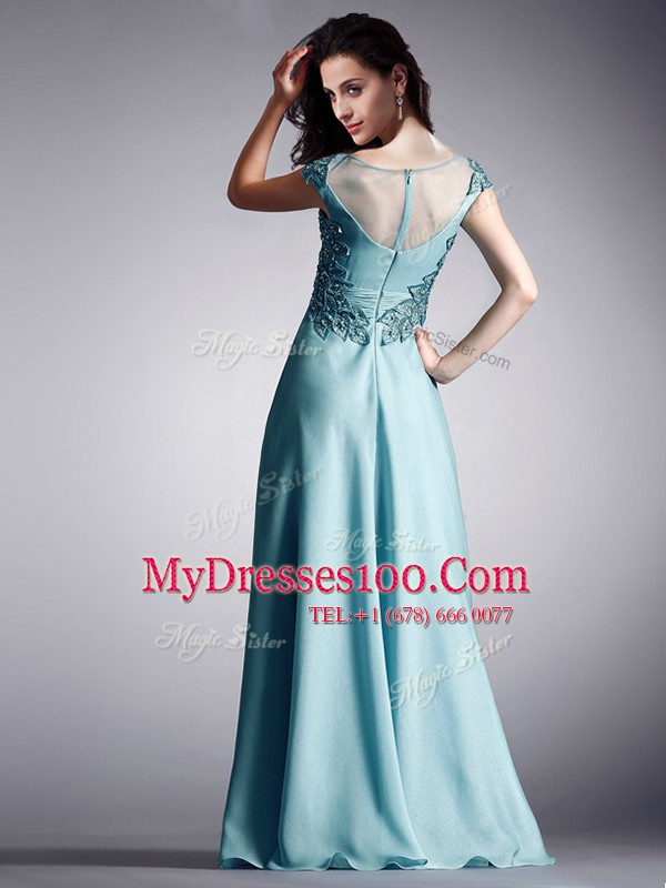 Lovely Light Blue Chiffon Zipper Scoop Cap Sleeves Floor Length Prom Evening Gown Appliques