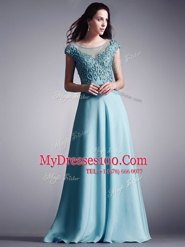 Lovely Light Blue Chiffon Zipper Scoop Cap Sleeves Floor Length Prom Evening Gown Appliques
