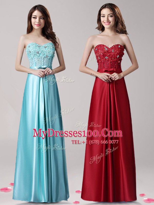 Aqua Blue Sleeveless Beading and Appliques and Bowknot Floor Length Prom Dresses