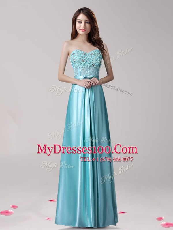 Aqua Blue Sleeveless Beading and Appliques and Bowknot Floor Length Prom Dresses