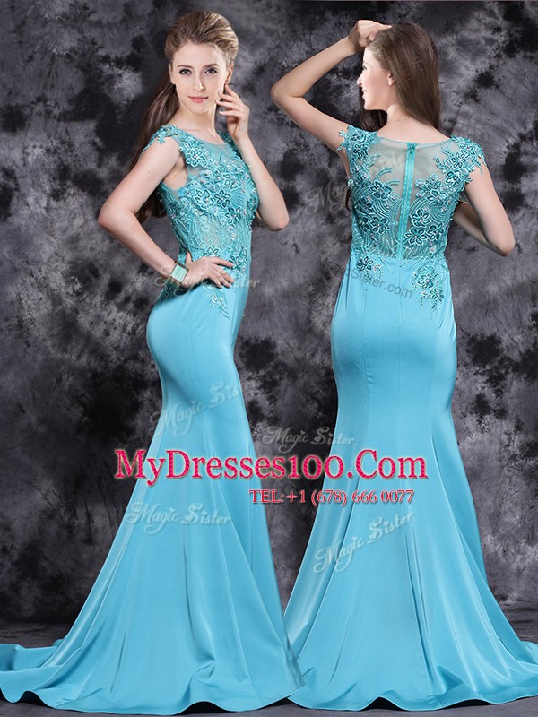 New Arrival Mermaid Scoop Aqua Blue Cap Sleeves Satin Brush Train Zipper Homecoming Dress for Prom
