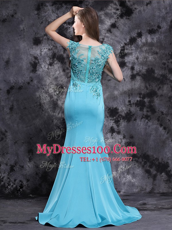 New Arrival Mermaid Scoop Aqua Blue Cap Sleeves Satin Brush Train Zipper Homecoming Dress for Prom