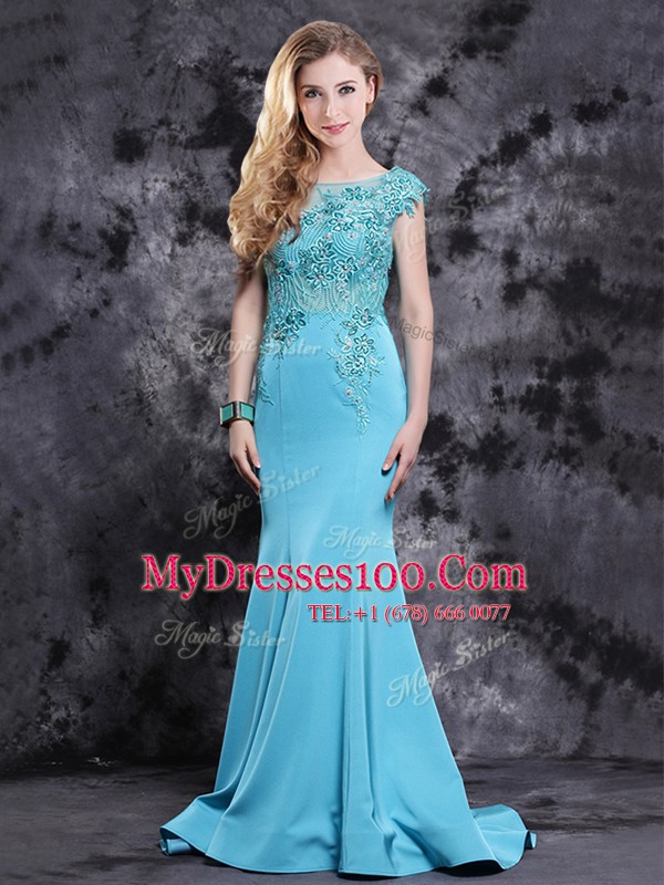 New Arrival Mermaid Scoop Aqua Blue Cap Sleeves Satin Brush Train Zipper Homecoming Dress for Prom