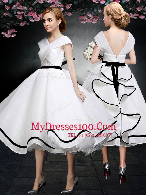 Tea Length White Military Ball Gowns V-neck Cap Sleeves Zipper