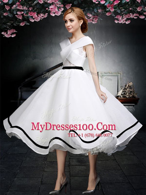 Tea Length White Military Ball Gowns V-neck Cap Sleeves Zipper