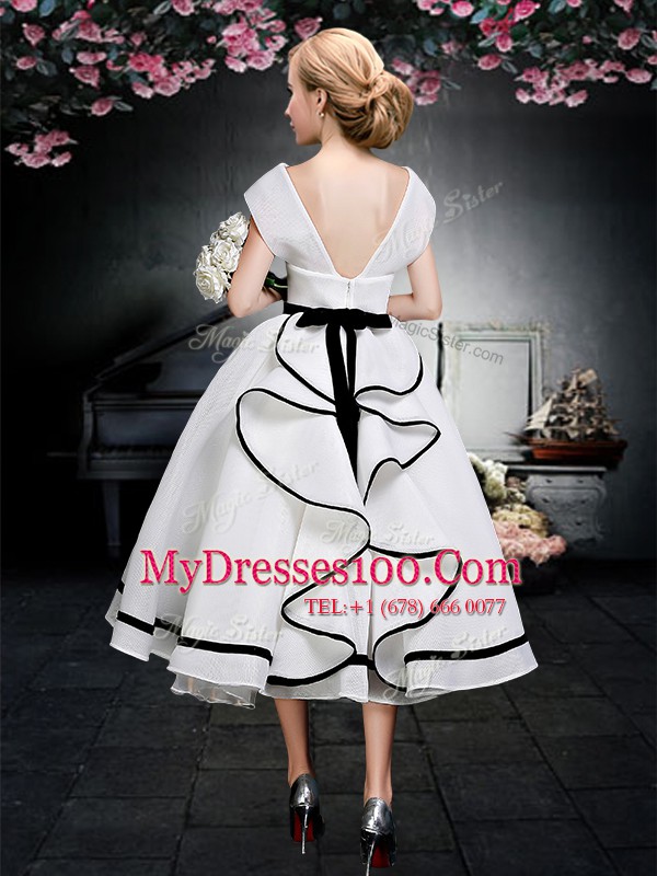 Tea Length White Military Ball Gowns V-neck Cap Sleeves Zipper