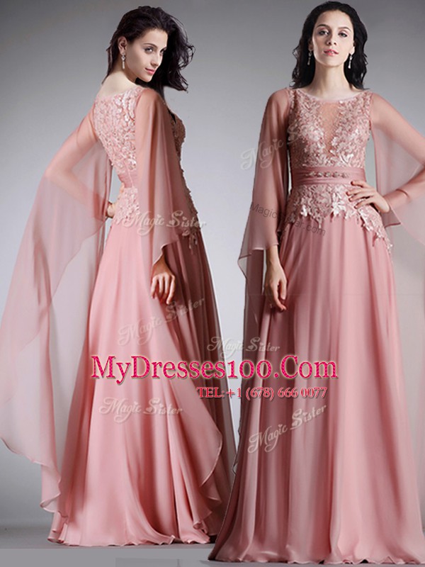 Chiffon Scoop 3 4 Length Sleeve Zipper Lace and Belt Prom Dress in Pink