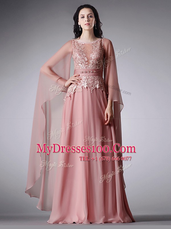 Chiffon Scoop 3 4 Length Sleeve Zipper Lace and Belt Prom Dress in Pink