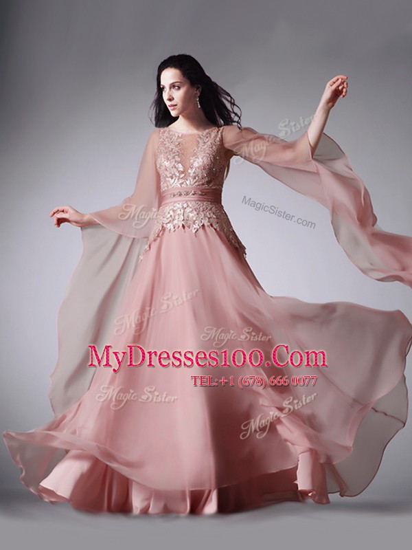 Chiffon Scoop 3 4 Length Sleeve Zipper Lace and Belt Prom Dress in Pink