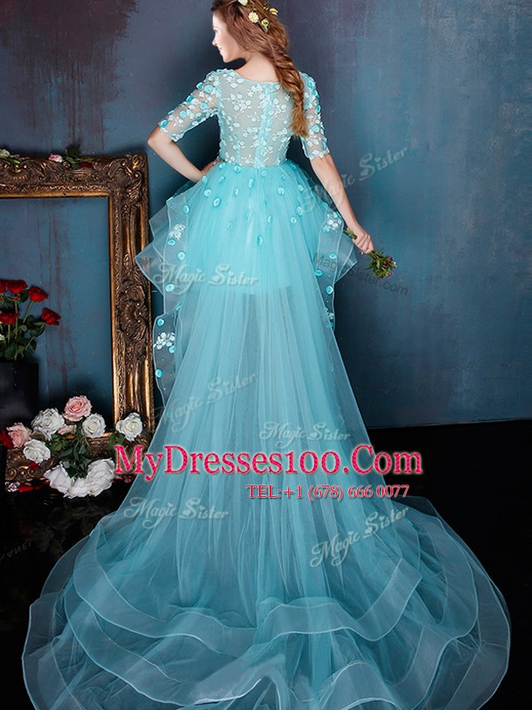 Inexpensive Square Aqua Blue A-line Beading Military Ball Gowns Zipper Organza Half Sleeves High Low