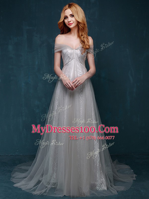 Exquisite One Shoulder Lace Ruching and Bowknot Prom Gown Grey Zipper Sleeveless With Brush Train