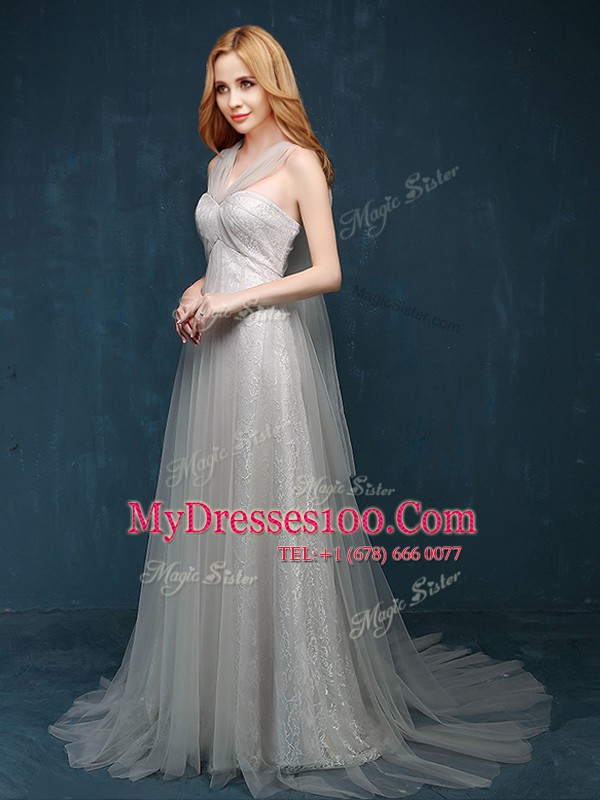 Exquisite One Shoulder Lace Ruching and Bowknot Prom Gown Grey Zipper Sleeveless With Brush Train