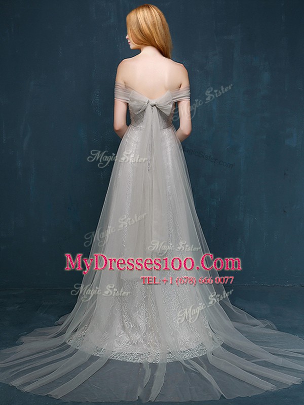 Exquisite One Shoulder Lace Ruching and Bowknot Prom Gown Grey Zipper Sleeveless With Brush Train